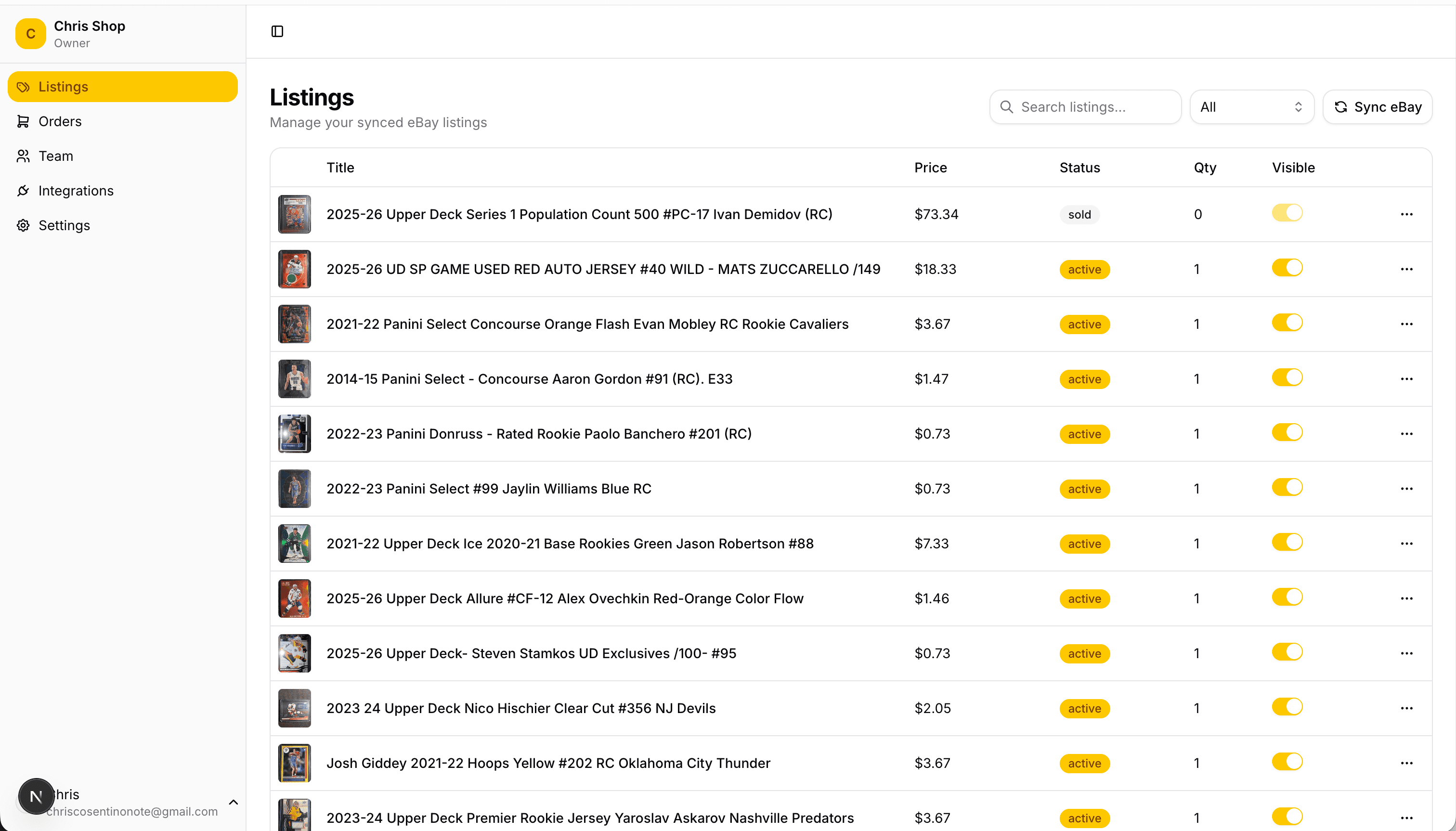 CardCart dashboard showing synced eBay listings